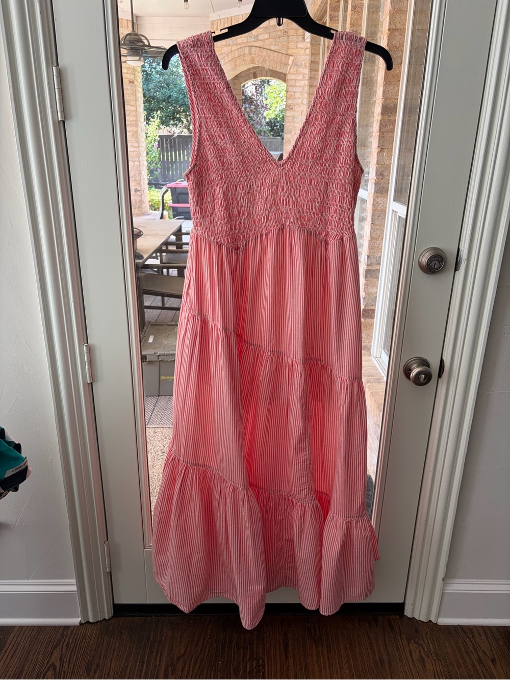 Free People Juno Maxi Dress M Red Guava Stripe Smocked Tiered Boho Cotton